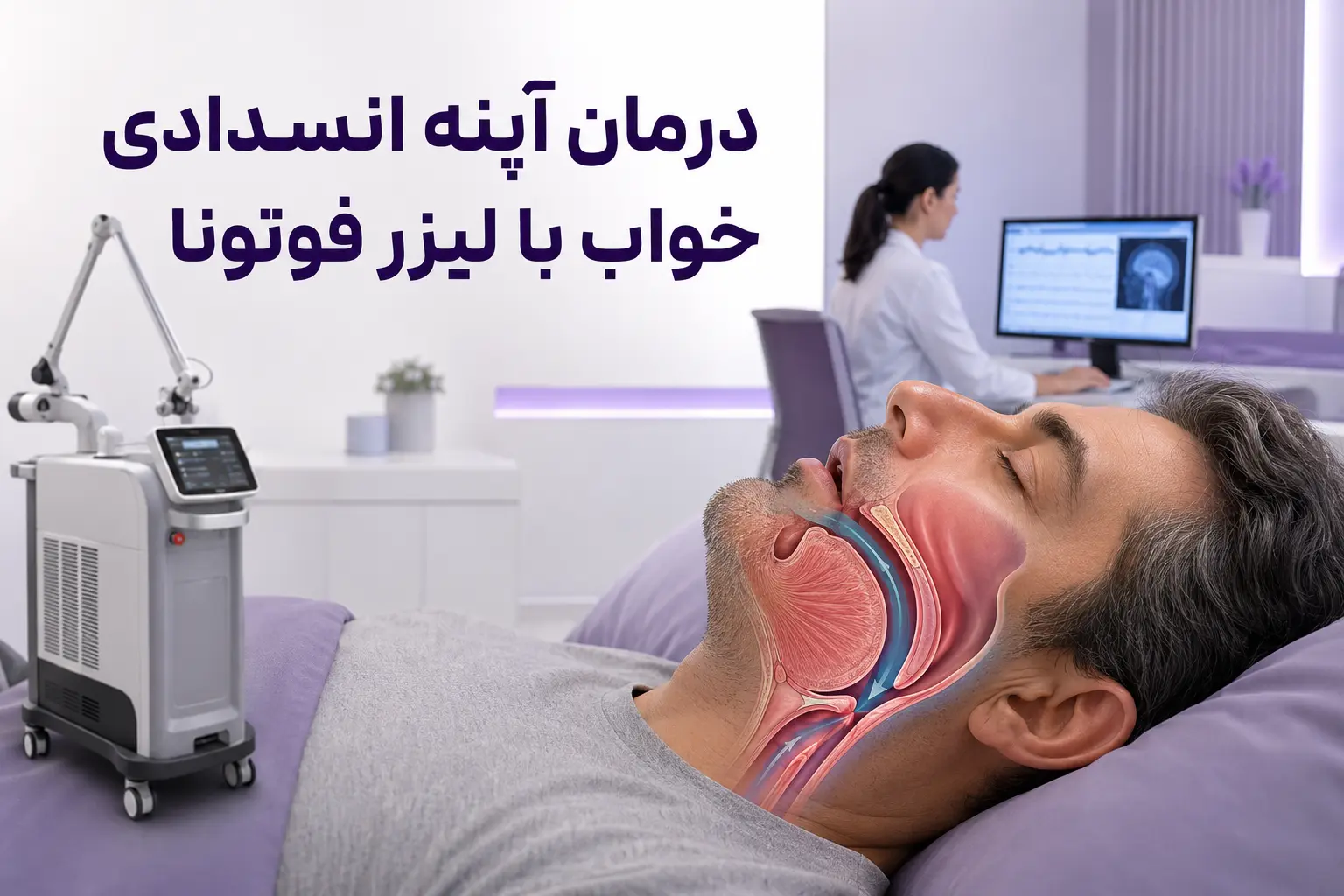درمان آپنه انسدادی خواب با لیزر فوتونا؛ نمای راه هوایی و دستگاه فوتونا