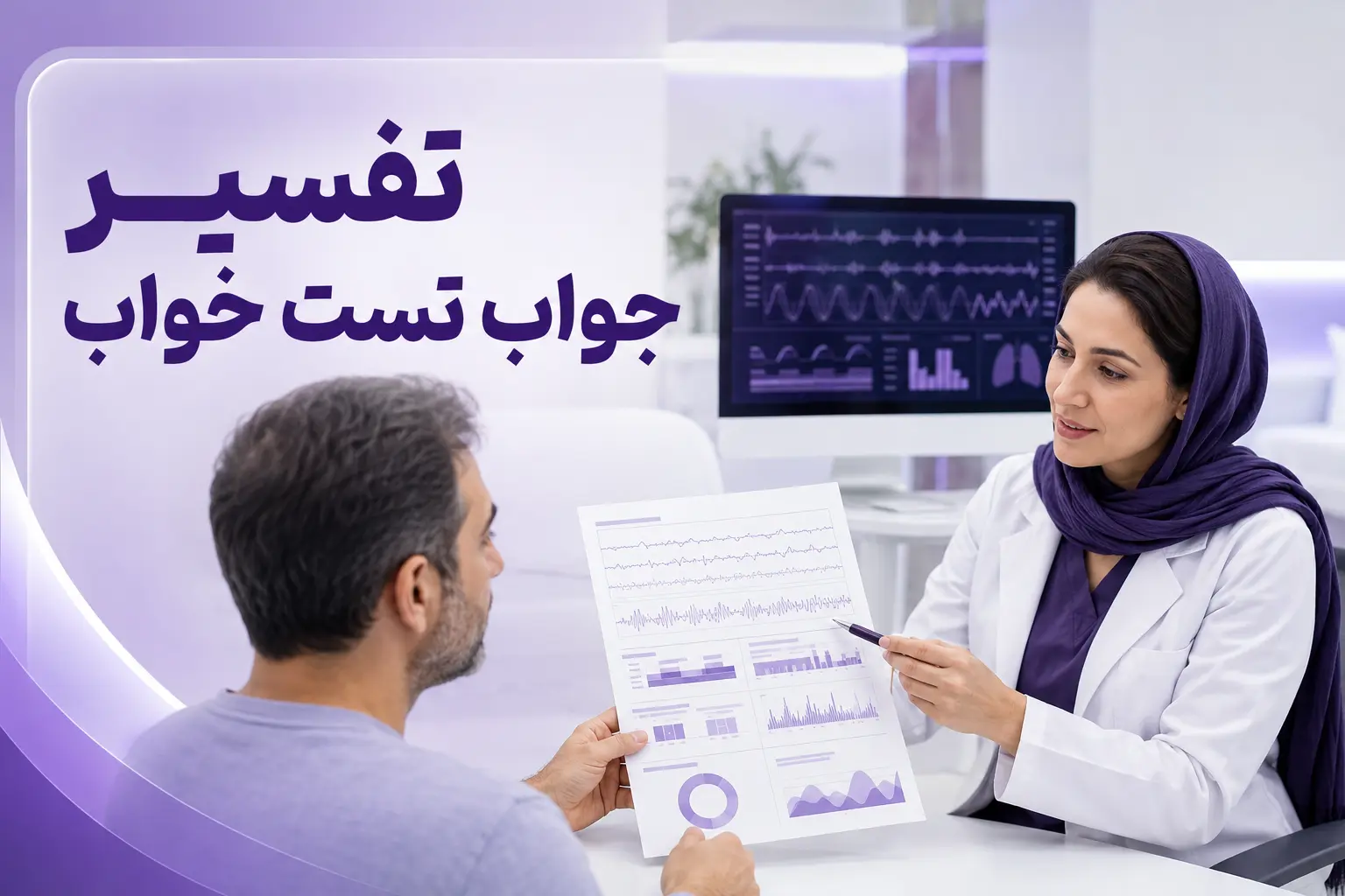 تصویر گرافیکی تفسیر جواب تست خواب با نمایش گزارش خواب و شاخص‌های تنفسی